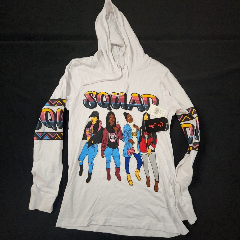 NEW On Fire Girl Squad White Long Sleeve Hooded T-Shirt Women's S